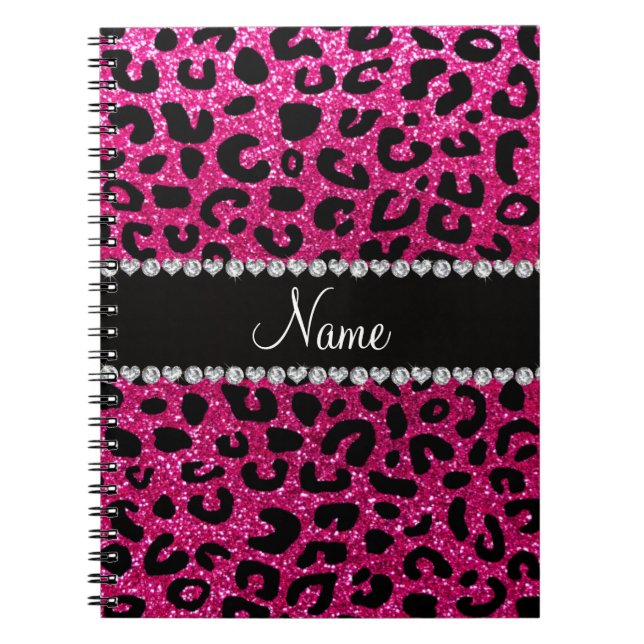 Custom name neon hot pink glitter cheetah print spiral notebook (Front)