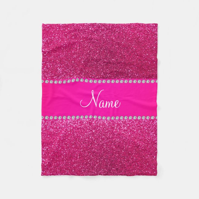 Custom name neon hot pink glitter hot pink stripe fleece blanket (Front)