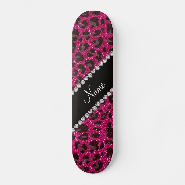 Custom name neon hot pink glitter leopard print skateboard (Front)