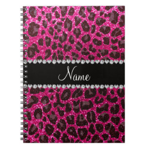 Custom name neon hot pink glitter leopard print spiral notebook