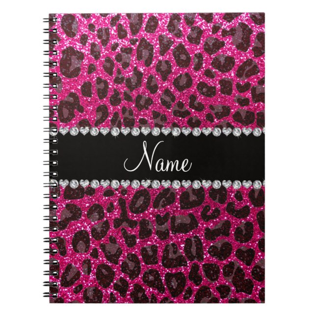 Custom name neon hot pink glitter leopard print spiral notebook (Front)