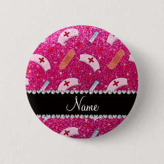 Custom name neon hot pink glitter nurse hats heart 6 cm round badge