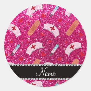 Custom name neon hot pink glitter nurse hats heart classic round sticker