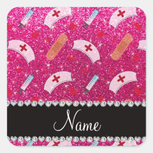 Custom name neon hot pink glitter nurse hats heart square sticker