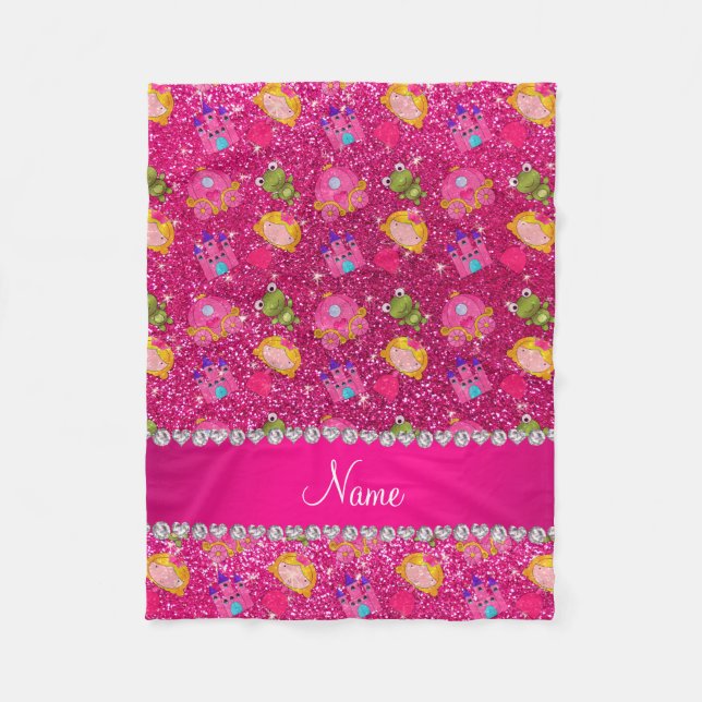 Custom name neon hot pink glitter princess frogs fleece blanket (Front)