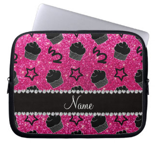 Custom name neon hot pink glitter stars cupcakes laptop sleeve