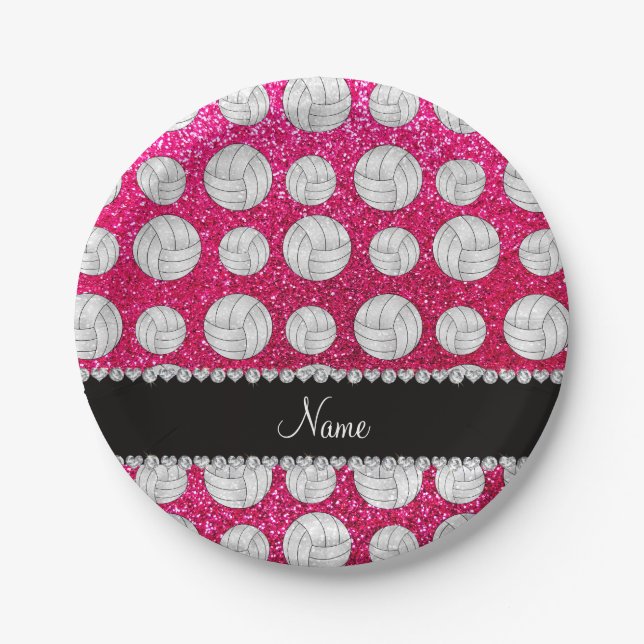 Custom name neon hot pink glitter volleyballs paper plate (Front)