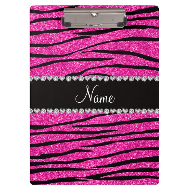 Custom name neon hot pink glitter zebra diamonds clipboard (Front)