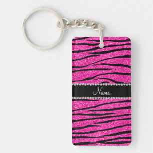 Custom name neon hot pink glitter zebra diamonds key ring