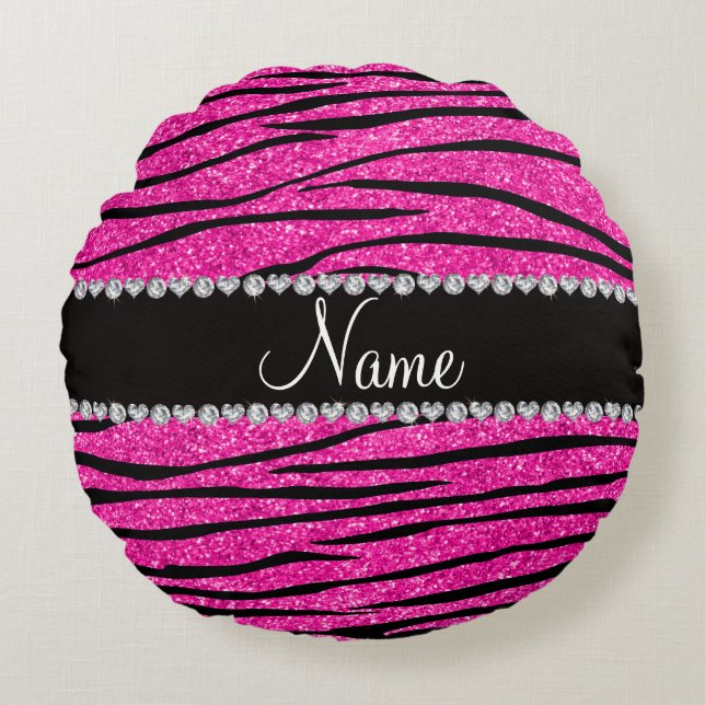 Custom name neon hot pink glitter zebra diamonds round cushion (Front)