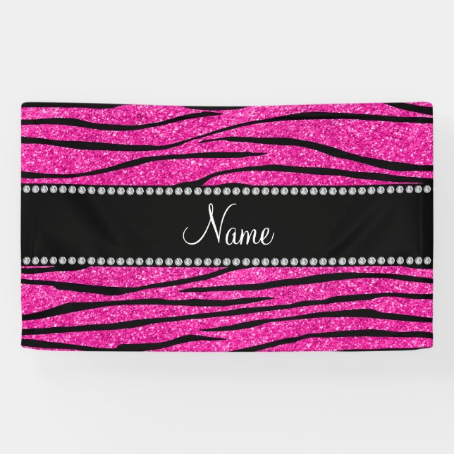 Custom name neon hot pink glitter zebra stripes banner (Horizontal)