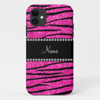 Custom name neon hot pink glitter zebra stripes