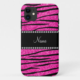 Custom name neon hot pink glitter zebra stripes iPhone 11 case