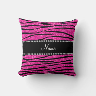 Custom name neon hot pink glitter zebra stripes cushion