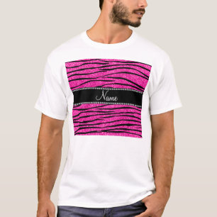 Custom name neon hot pink glitter zebra stripes T-Shirt