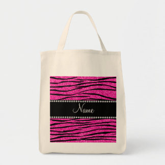 Custom name neon hot pink glitter zebra stripes tote bag