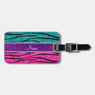 Custom name neon hot pink turquoise zebra stripes luggage tag