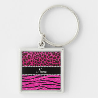 Custom name neon hot pink zebra stripes leopard key ring