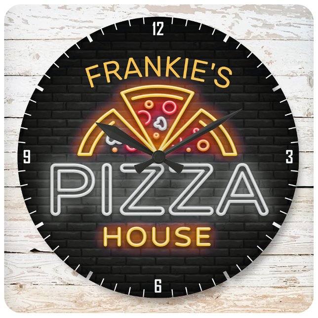 Custom NAME Neon Italian Pizzeria Pizza House Large Clock (Creator Uploaded)