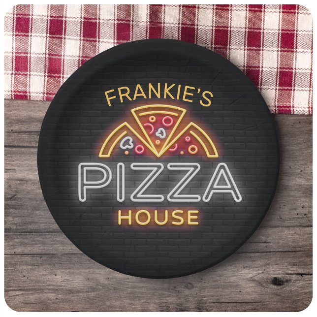 Custom NAME Neon Italian Pizzeria Pizza House Paper Plate (Creator Uploaded)