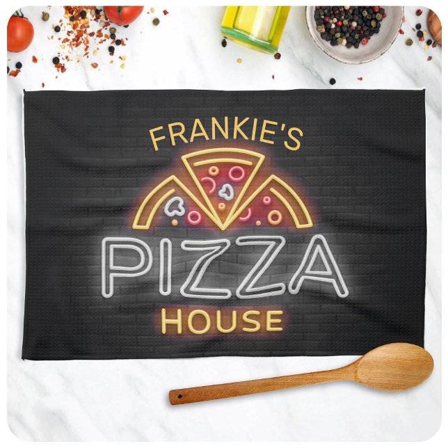 Custom NAME Neon Italian Pizzeria Pizza House Tea Towel (Creator Uploaded)