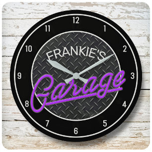 Custom NAME Neon Look Diamond Plate Garage Tools Large Clock