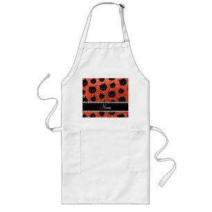 Custom name neon orange glitter black cat faces long apron