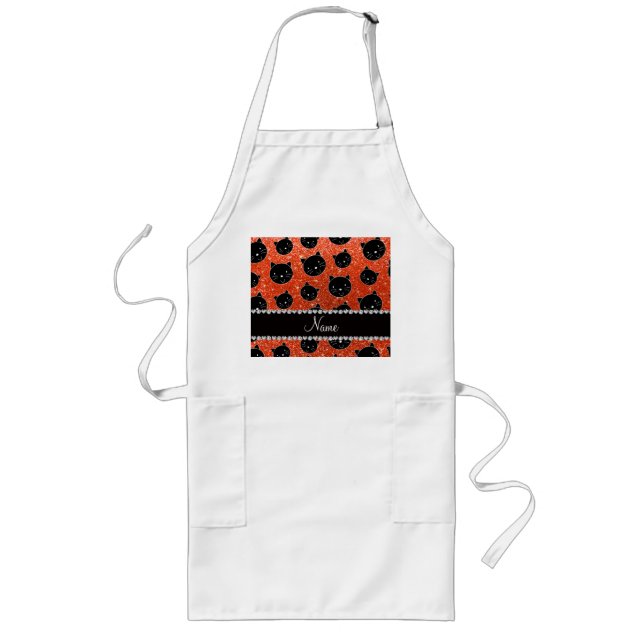 Custom name neon orange glitter black cat faces long apron (Front)