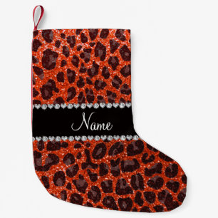 Custom name neon orange glitter leopard print small christmas stocking