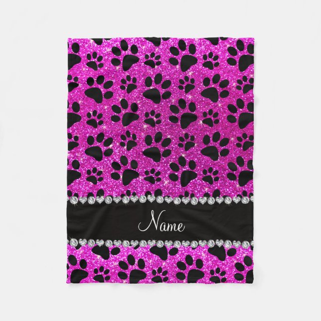 Custom name neon pink glitter black dog paws fleece blanket (Front)