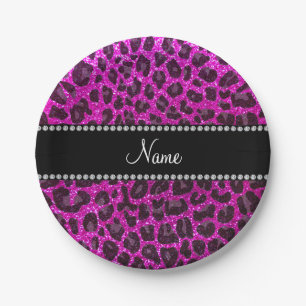 Custom name neon pink glitter leopard print paper plate