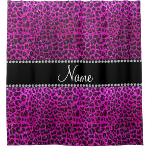 Custom name neon pink glitter leopard print shower curtain