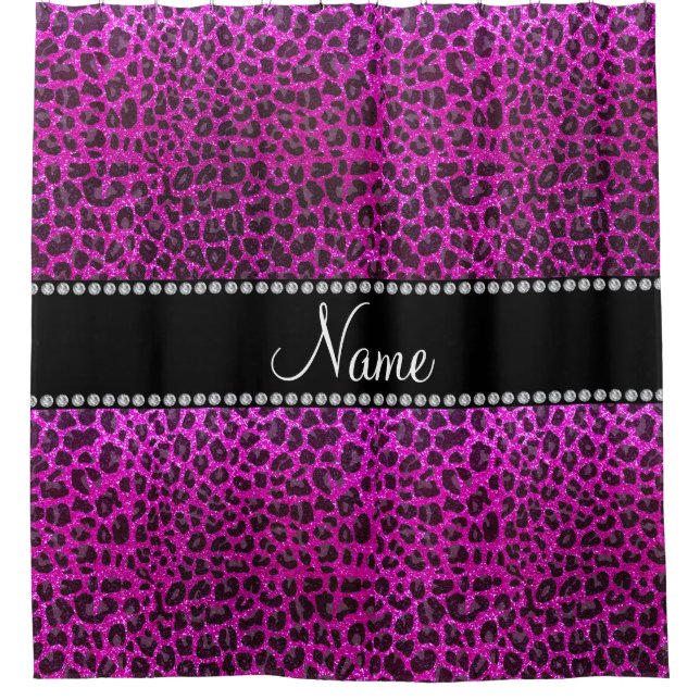 Custom name neon pink glitter leopard print shower curtain (Front)