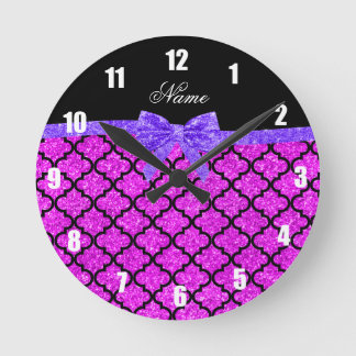 Custom name neon pink glitter moroccan purple bow round clock