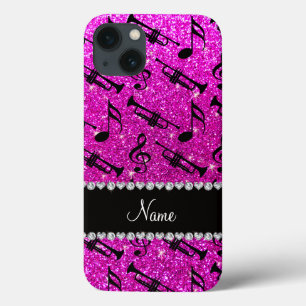 Custom name neon pink glitter trumpets music notes iPhone 13 case