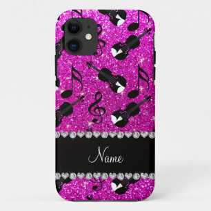 Custom name neon pink glitter violins music notes Case-Mate iPhone case