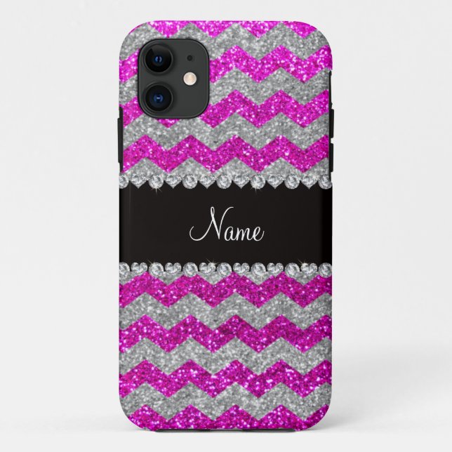 Custom name neon pink silver glitter chevrons Case-Mate iPhone case (Back)