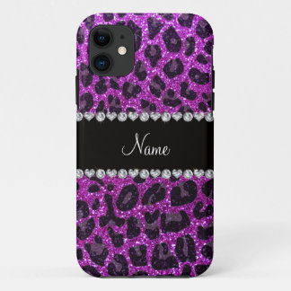 Custom name neon purple glitter leopard print iPhone 11 case
