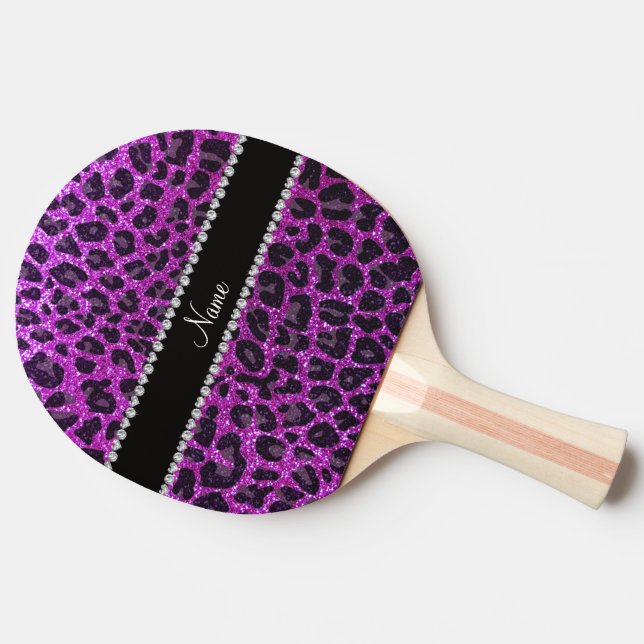 Custom name neon purple glitter leopard print ping pong paddle (Side)