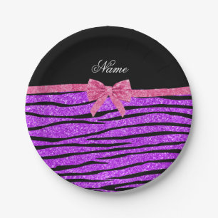 Custom name neon purple glitter zebra stripes bow paper plate