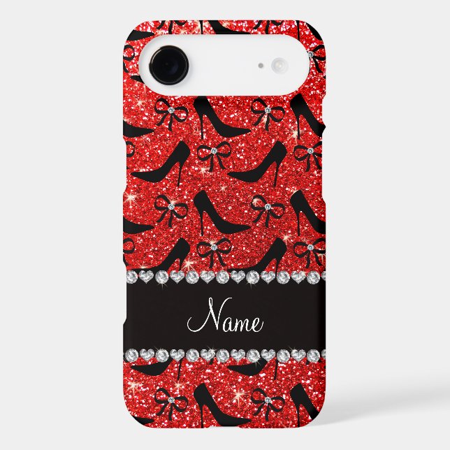 Custom name neon red glitter black high heels bow Case-Mate iPhone case (Back)