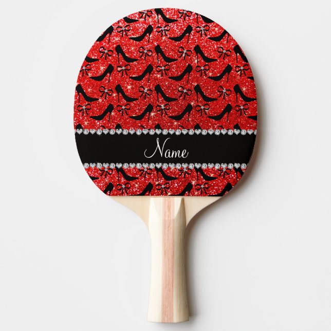Custom name neon red glitter black high heels bow ping pong paddle (Front)