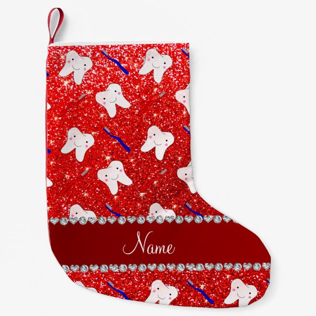 Custom name neon red glitter brushes and tooth small christmas stocking (Front)