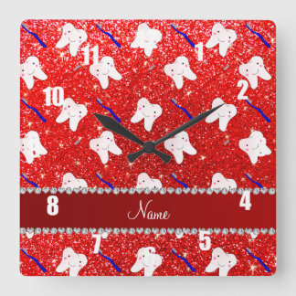 Custom name neon red glitter brushes and tooth square wall clock