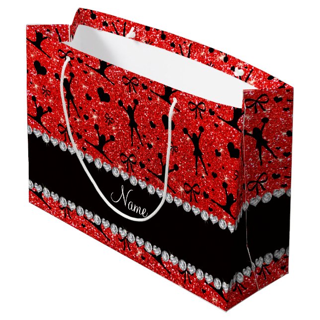 Custom name neon red glitter cheerleading large gift bag (Back Angled)