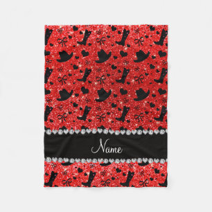Custom name neon red glitter cowboy boots hats fleece blanket