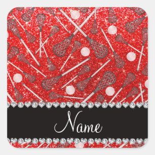 Custom name neon red glitter lacrosse sticks square sticker