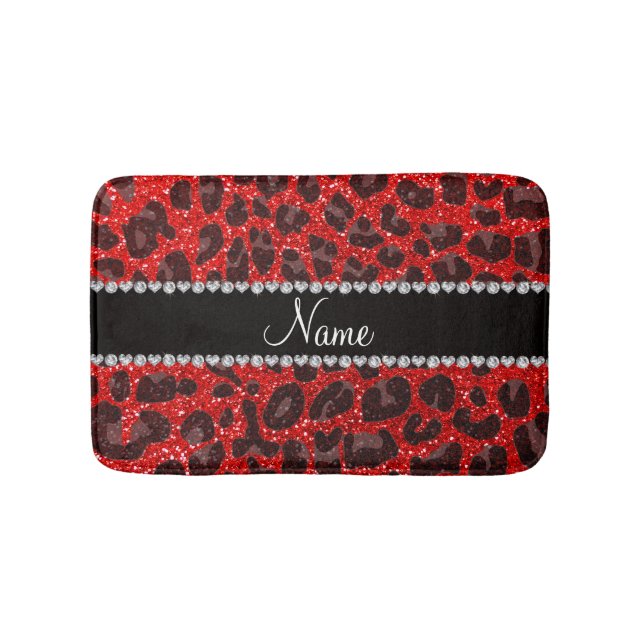 Custom name neon red glitter leopard print bath mat (Front)