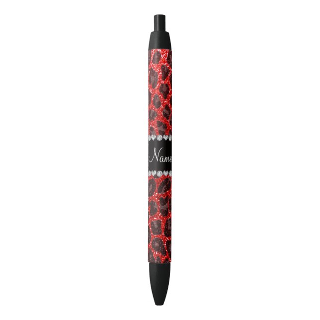 Custom name neon red glitter leopard print black ink pen (Front Vertical)
