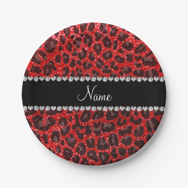Custom name neon red glitter leopard print paper plate (Front)